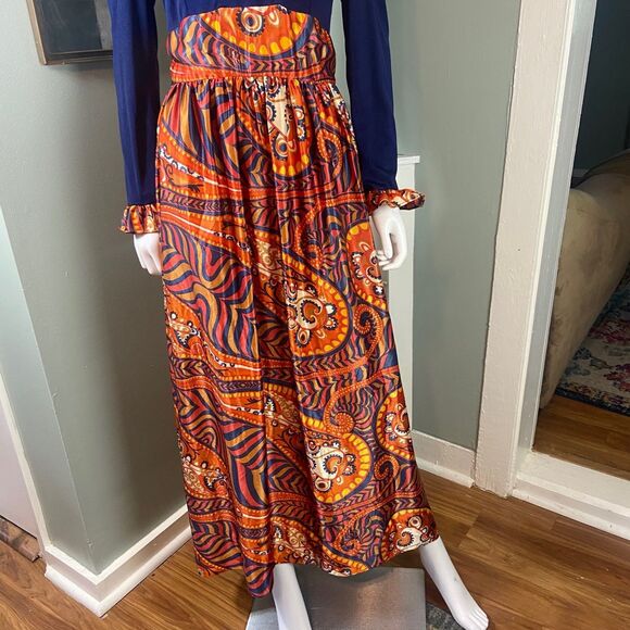 Vintage 60s 70s Paisley Psychedelic Ruffle Hostess Maxi Dress Large L Polyester - Picture 4 of 14